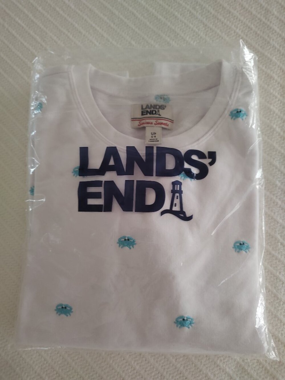 LANDS' END TUNIC SWEATSHIRT WHITE-AQUA CRUSTACEANS FRENCH TERRY COTTON S/P 6-8